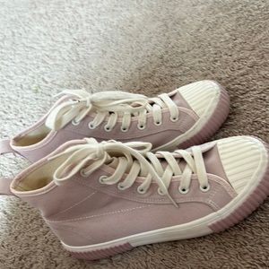 pink and white shoes